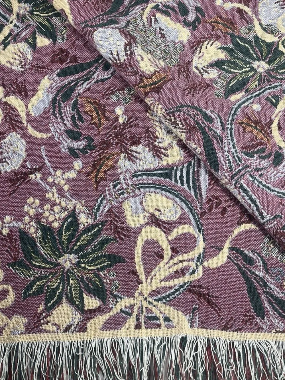 Goodwin Weavers Holiday Poinsettia Horns Throw Blanket Tapestry Green Red 45x62”